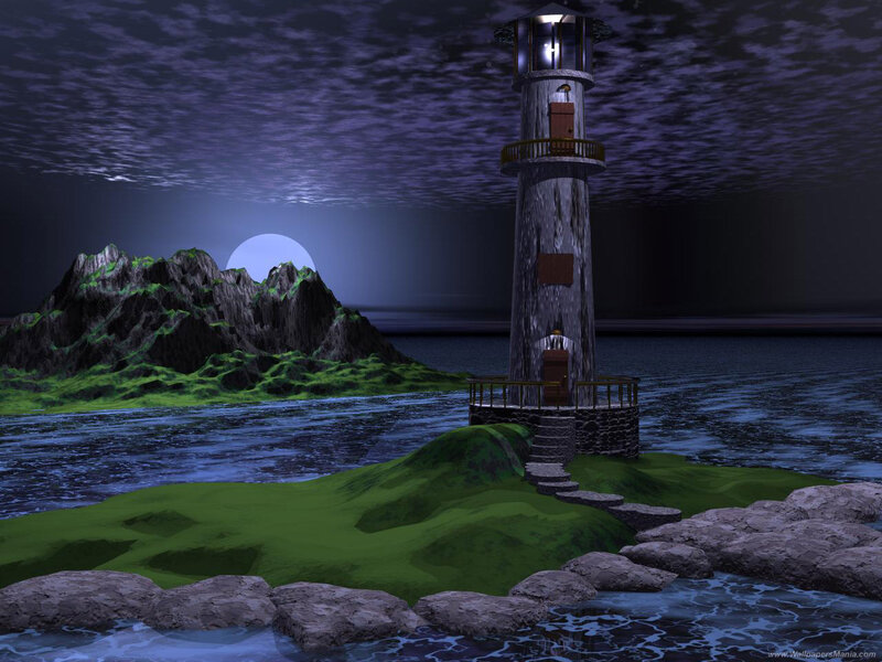 Lighthouse on Rocky Island — Blue, Serene, Night, 3d Render