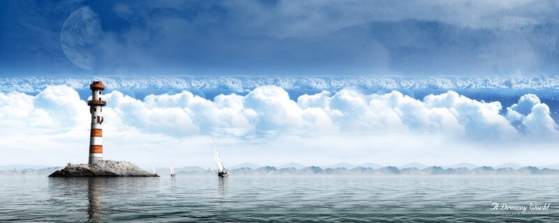 Lighthouse on Rocky Island — Blue, Serene, Night, Digital Art, Sailboats