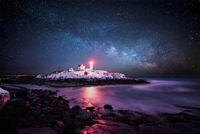 Lighthouse on Rocky Island — Blue, Serene, Night, Photograph, Stars