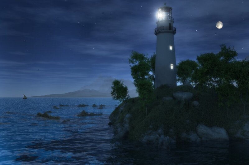 Lighthouse on Rocky Island — Blue, Serene, Night