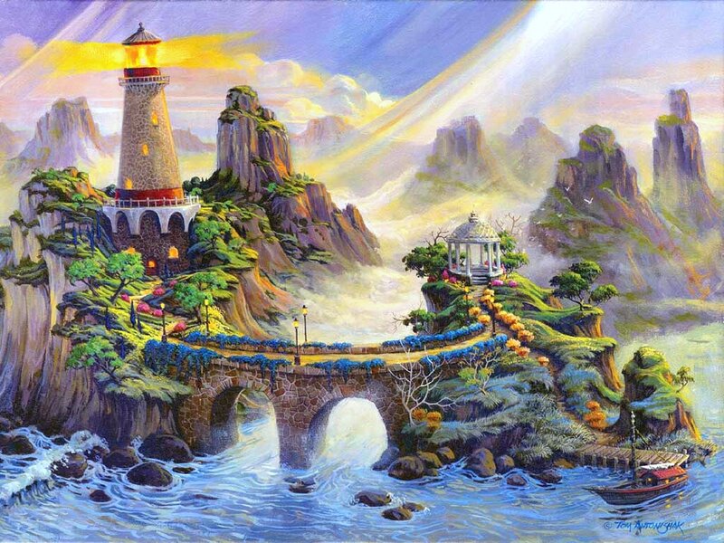 Lighthouse on Rocky Island — Blue, Serene, Sunrise