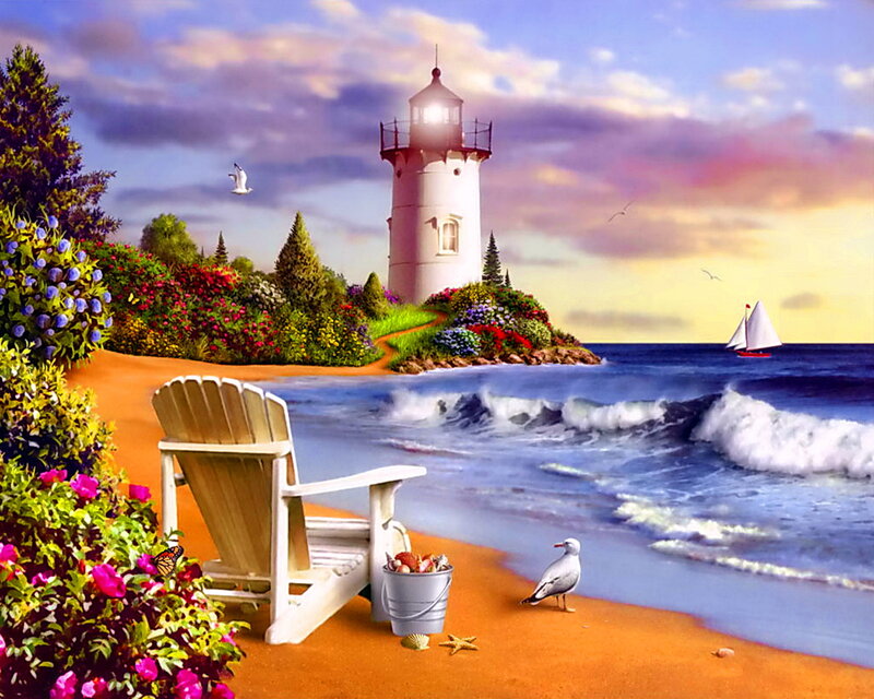 Lighthouse on Rocky Island — Blue, Serene, Sunset, Digital Art