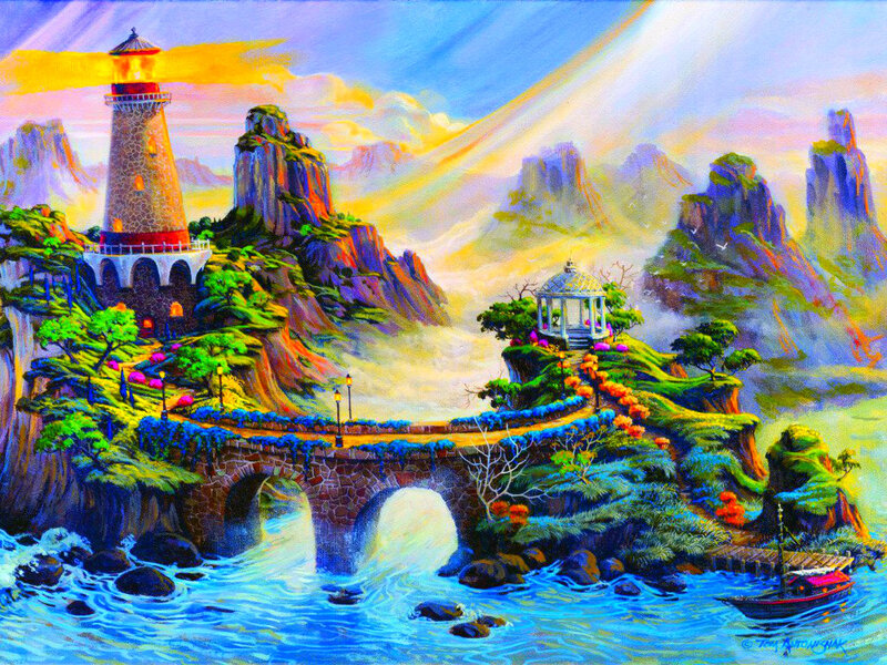 Lighthouse on Rocky Island — Blue, Serene, Sunset, Painting, Gazebo, Bridge