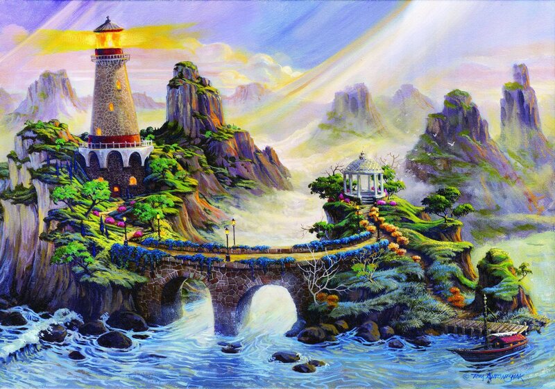 Lighthouse on Rocky Island — Blue, Serene, Sunset, Painting, Gazebo