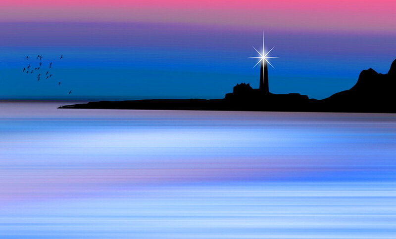 Lighthouse on Rocky Island — Blue, Serene, Sunset