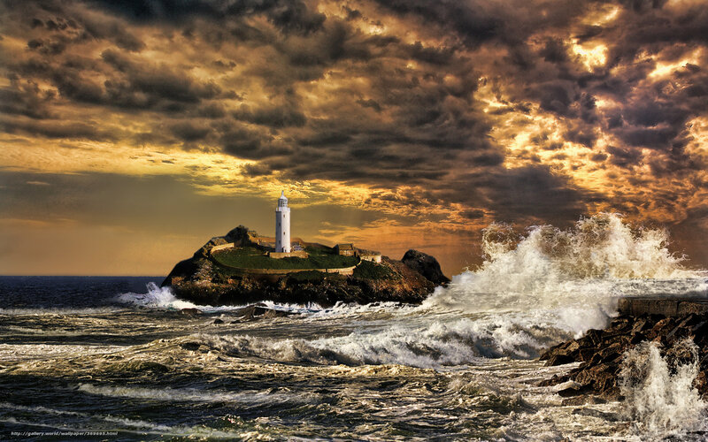 Lighthouse on Rocky Island — Brown, Dramatic, Sunset