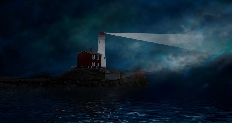 Lighthouse on Rocky Island — Dark Blue, Dramatic, Night, Digital Art