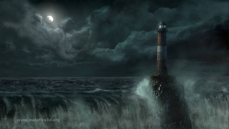 Lighthouse on Rocky Island — Dark Blue, Dramatic, Night