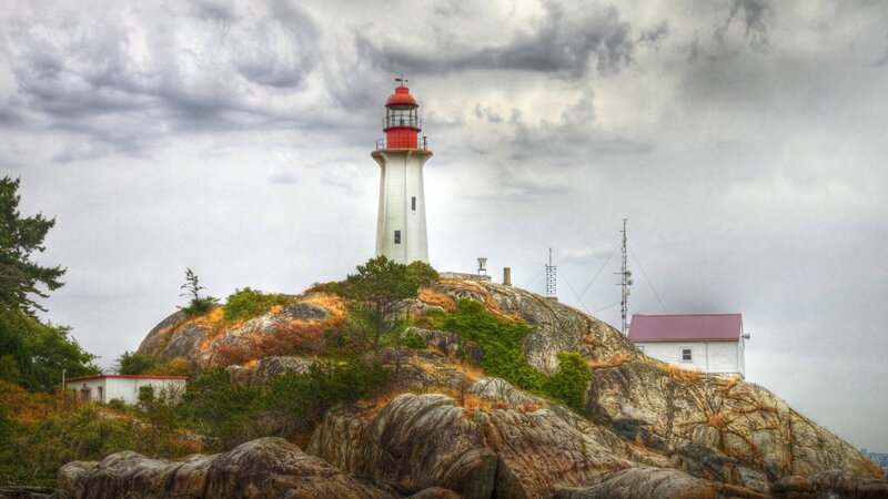Lighthouse on Rocky Island — Gray, Dramatic, Photograph, Rocky Hill