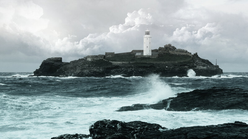Lighthouse on Rocky Island — Gray, Dramatic, Photograph