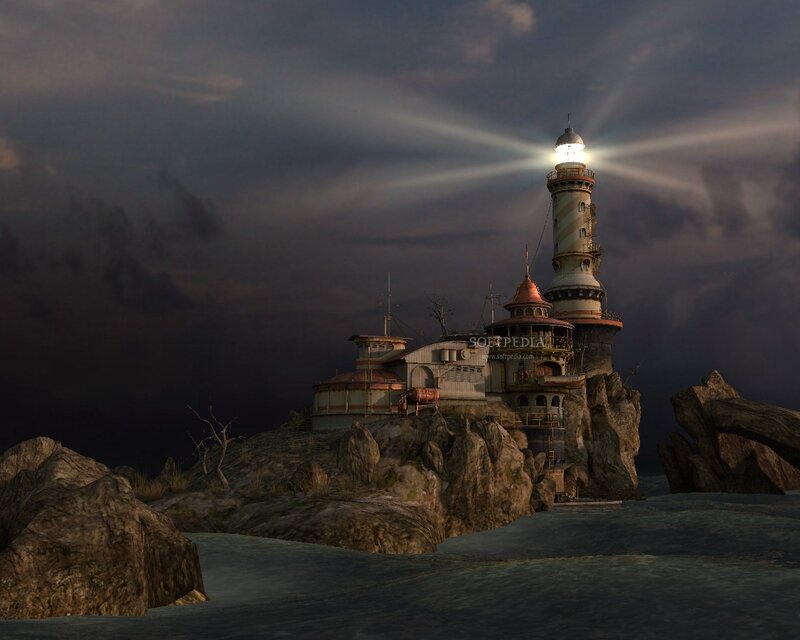 Lighthouse on Rocky Island — Gray, Dramatic