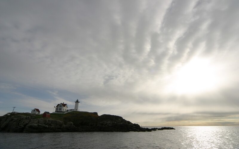 Lighthouse on Rocky Island — Gray, Overcast, Afternoon