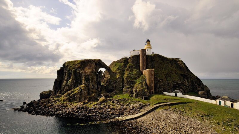 Lighthouse on Rocky Island — Green, Dramatic, Afternoon