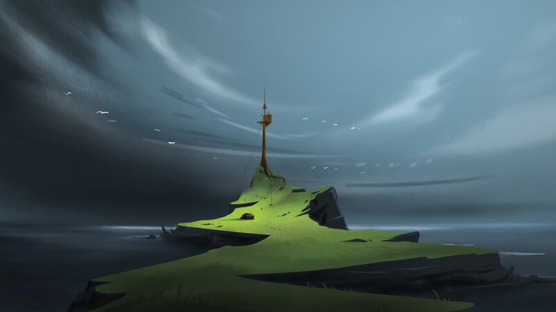 Lighthouse on Rocky Island — Green, Dramatic, Digital Art