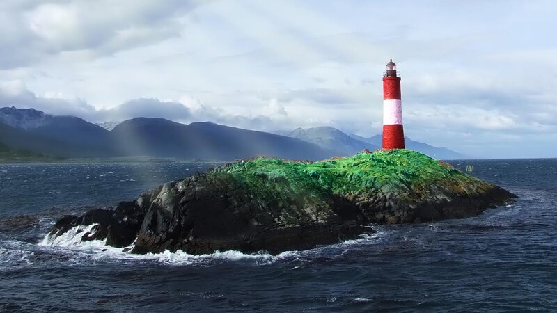 Lighthouse on Rocky Island — Green, Dramatic, Photograph