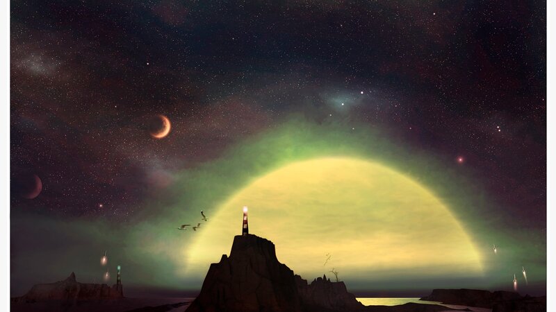 Lighthouse on Rocky Island — Green, Dramatic