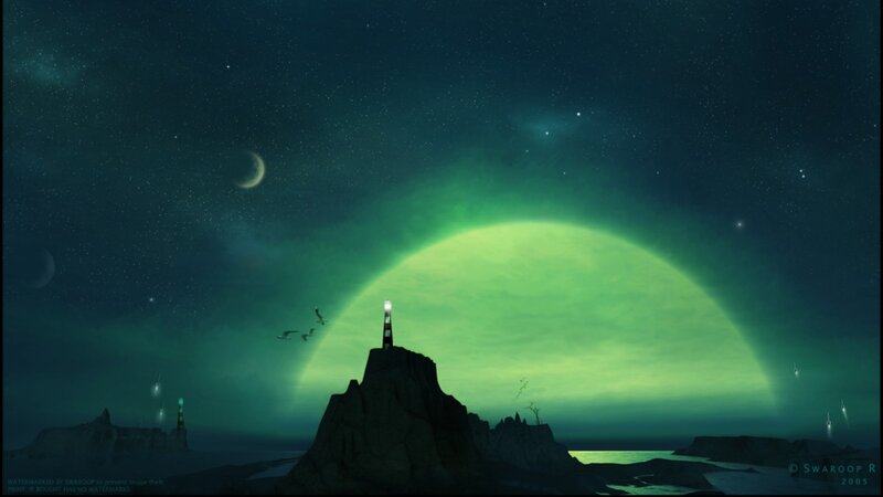 Lighthouse on Rocky Island — Green, Serene, Night