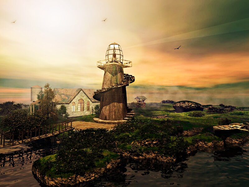 Lighthouse on Rocky Island — Green, Serene