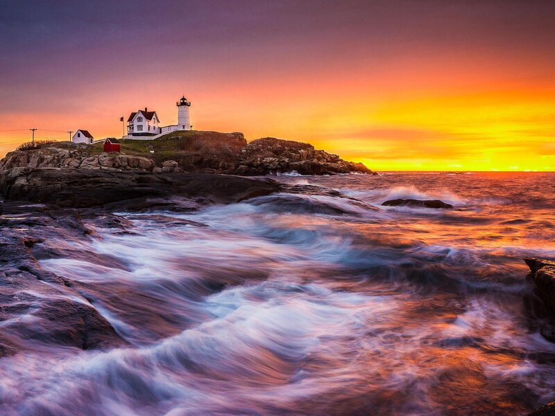 Lighthouse on Rocky Island — Orange, Dramatic, Sunset, Photograph, Ocean