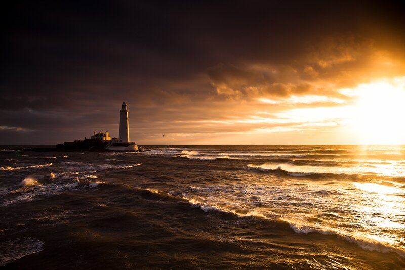 Lighthouse on Rocky Island — Orange, Dramatic, Sunset