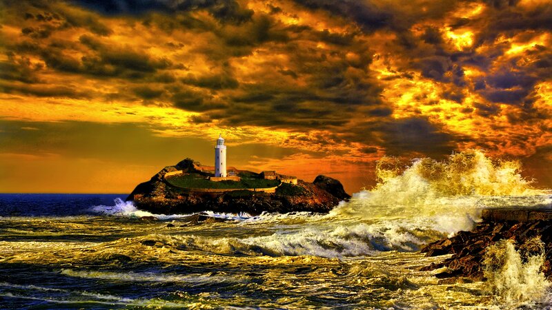 Lighthouse on Rocky Island — Orange, Dramatic