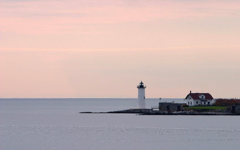 Lighthouse on Rocky Island — Pink, Serene, Sunset, Photograph, Ocean, House