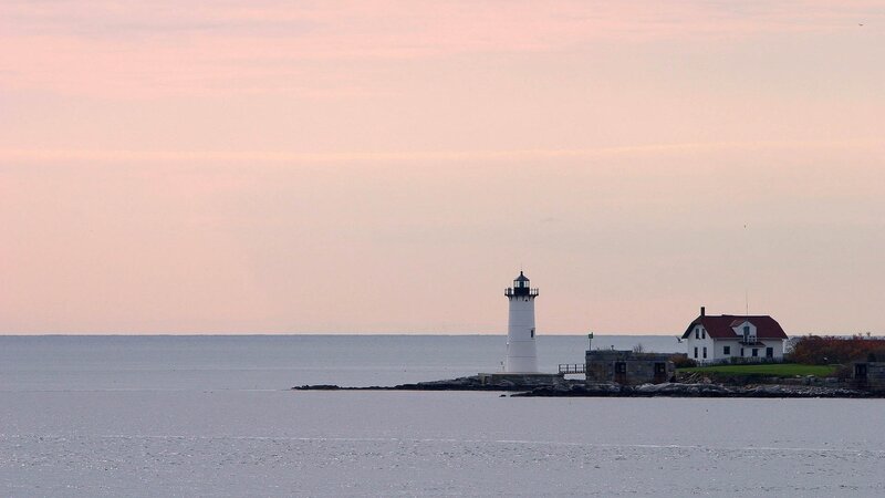Lighthouse on Rocky Island — Pink, Serene, Sunset