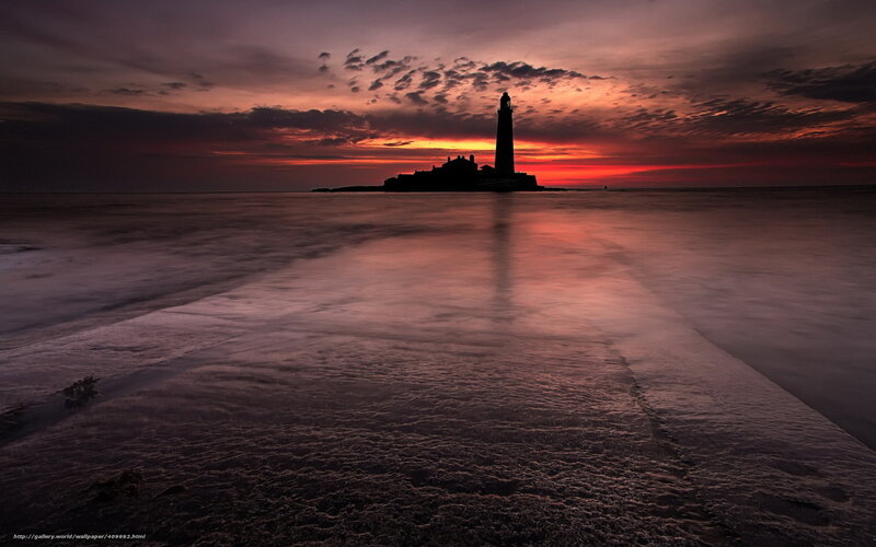 Lighthouse on Rocky Island — Red, Dramatic, Sunset, Photograph, Sky