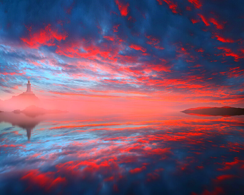 Lighthouse on Rocky Island — Red, Dramatic, Sunset, Photograph