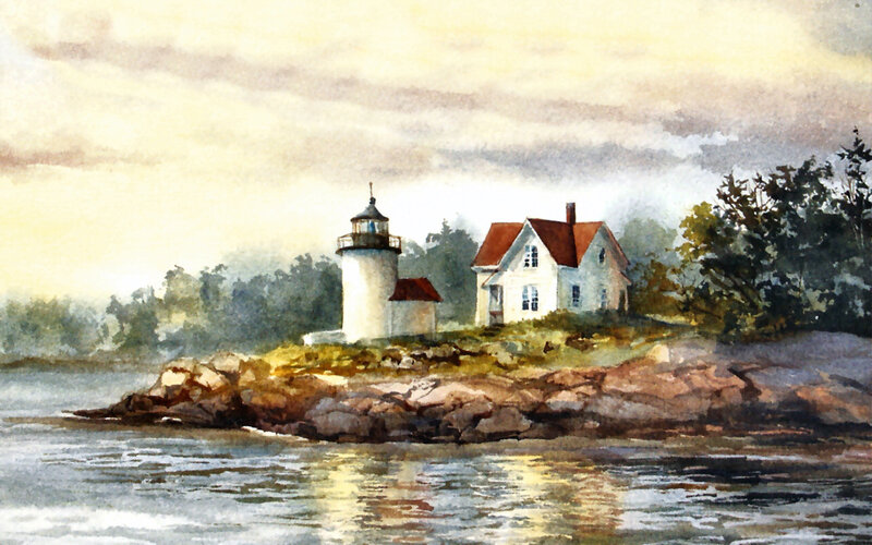 Lighthouse on Rocky Island — White, Serene, Sunset