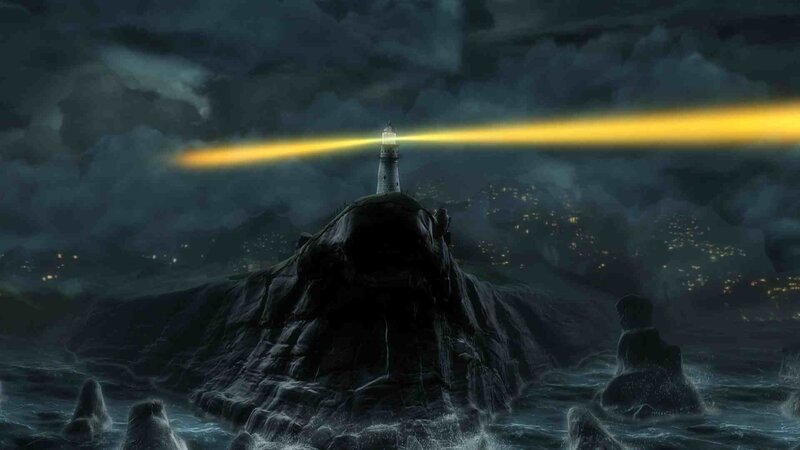 Lighthouse on Rocky Island — Yellow, Dramatic