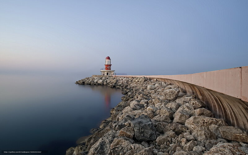 Lighthouse on Rocky Pier — Blue, Serene, Morning