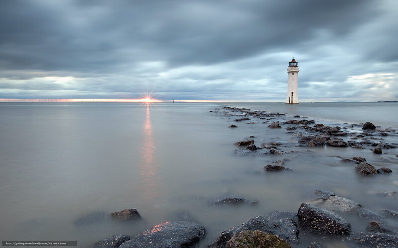 Lighthouse on Rocky Pier — Gray, Serene, Sunrise