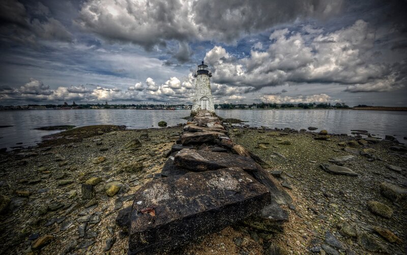 Lighthouse on Rocky Pier — Gray