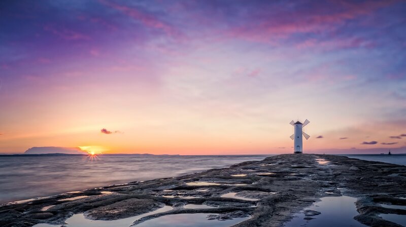 Lighthouse on Rocky Pier — Purple