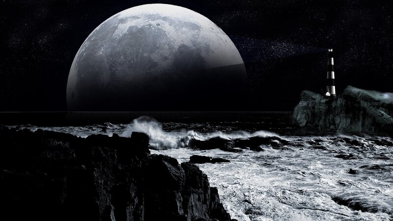 Lighthouse on Rocky Shore — Black, Dramatic, Night, Digital Art
