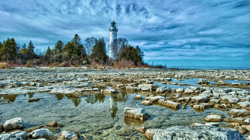 Lighthouse on Rocky Shore — Blue, Dramatic, Autumn