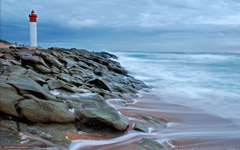 Lighthouse on Rocky Shore — Blue, Dramatic, Morning