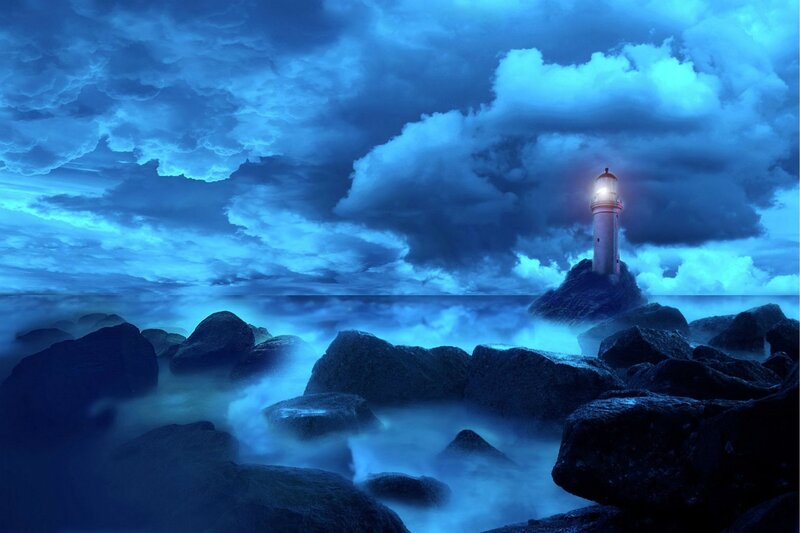Lighthouse on Rocky Shore — Blue, Dramatic, Night, Digital Art, Clouds