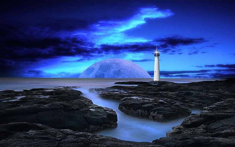 Lighthouse on Rocky Shore — Blue, Dramatic, Night, Digital Art, Moon, Ocean