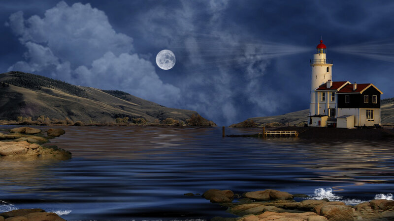 Lighthouse on Rocky Shore — Blue, Dramatic, Night, Digital Art, Moon