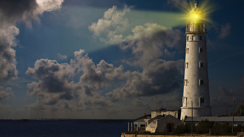 Lighthouse on Rocky Shore — Blue, Dramatic, Night, Digital Art, Ocean