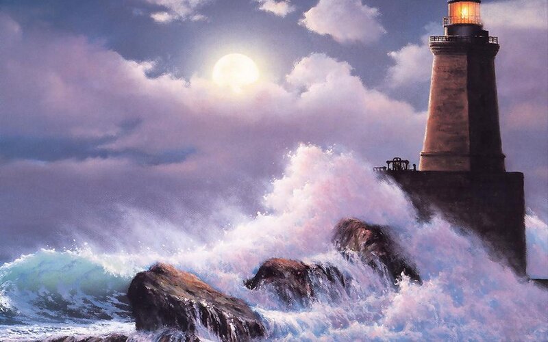 Lighthouse on Rocky Shore — Blue, Dramatic, Night, Painting, Moon