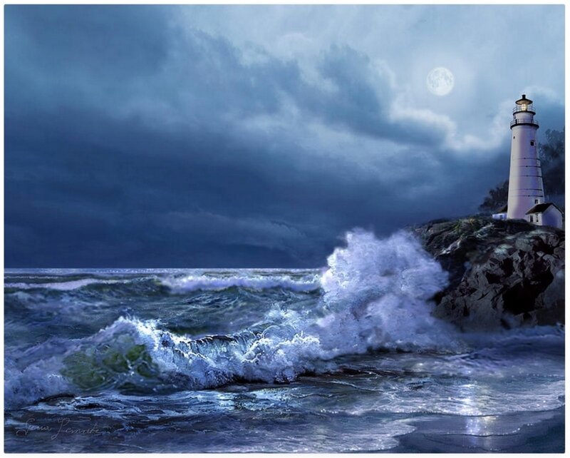 Lighthouse on Rocky Shore — Blue, Dramatic, Night, Painting, Moon, Waves