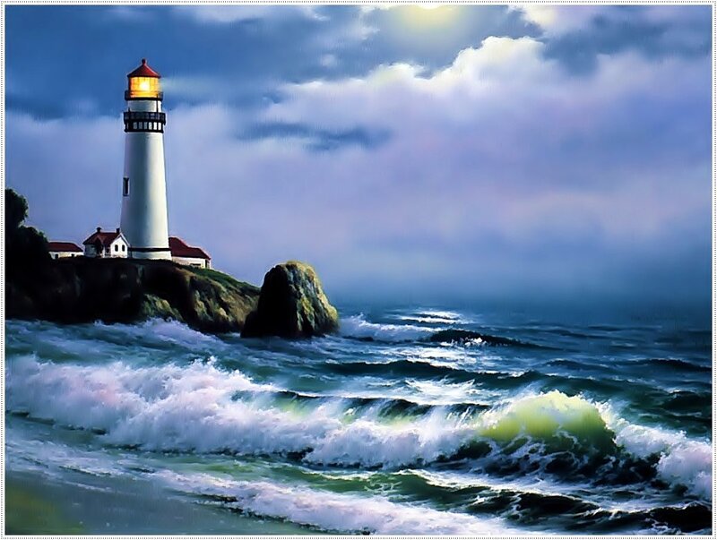 Lighthouse on Rocky Shore — Blue, Dramatic, Night, Painting, Ocean