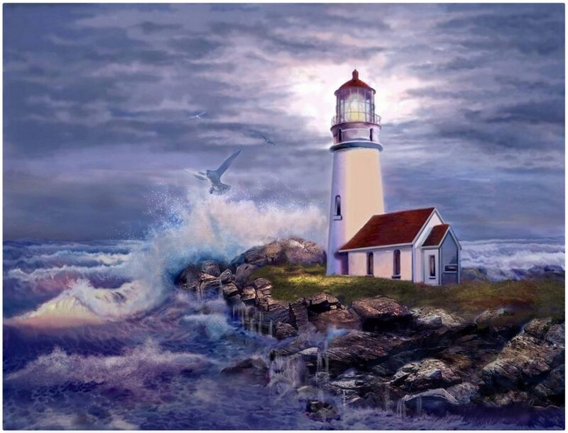 Lighthouse on Rocky Shore — Blue, Dramatic, Night, Painting, Seagulls