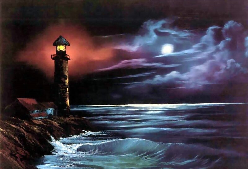 Lighthouse on Rocky Shore — Blue, Dramatic, Night, Painting