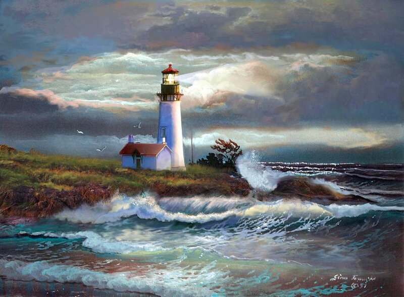 Lighthouse on Rocky Shore — Blue, Dramatic, Night, Painting, Waves