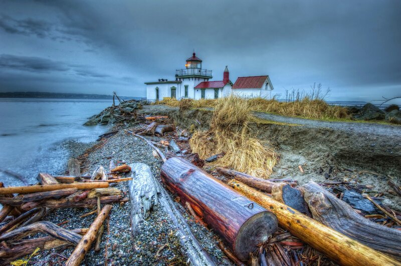 Lighthouse on Rocky Shore — Blue, Dramatic, Night, Photograph, Driftwood, Sea