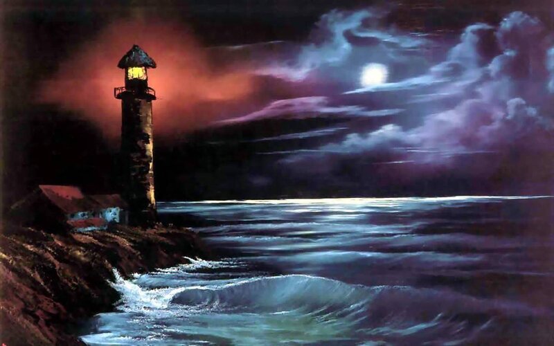 Lighthouse on Rocky Shore — Blue, Dramatic, Night